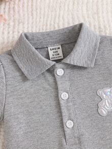 SHEIN 女嬰休閒 Polo 領短袖可愛粉色洋裝，附荷葉邊下擺設計 - 灰色 - 查看 3