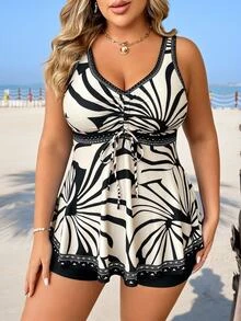 SHEIN Swim 大尺碼女款全印花分體式比基尼上衣與短褲兩件式泳衣套裝 米色黑色 夏季性感熱帶休閒 度假海灘度假 - 彩色 - 查看 4