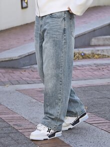 Devon Thys 1件 Hearty Haven 休闲宽松直筒牛仔裤，男女皆宜，百搭学院风/街头风（不含配饰 - 附尺码指南） - 淺藍色 - 查看 4