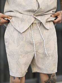 Devon Thys 男士夏季度假熱帶印花短袖襯衫與短褲海灘套裝，假期 - 米色 - 查看 3