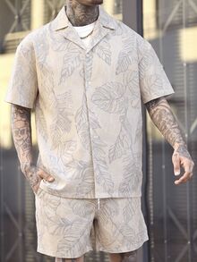 Devon Thys 男士夏季度假熱帶印花短袖襯衫與短褲海灘套裝，假期 - 米色 - 查看 6