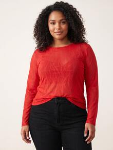 SHEIN Core Rhythm Plus Size Women One-Piece Solid Red Long Sleeve Sports T-Shirt & Tank Top Fall - Red - View 7