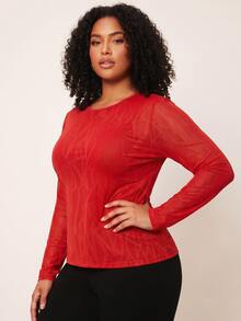 SHEIN Core Rhythm Plus Size Women One-Piece Solid Red Long Sleeve Sports T-Shirt & Tank Top Fall - Red - View 2