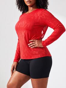 SHEIN Core Rhythm Plus Size Women One-Piece Solid Red Long Sleeve Sports T-Shirt & Tank Top Fall - Red - View 5
