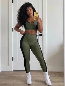 SHEIN Core Rhythm Plus Size Women's One-Piece Solid Color Sexy Sports Leggings, Plus Size Women's Sports Base Layer Pants - Green - View 1