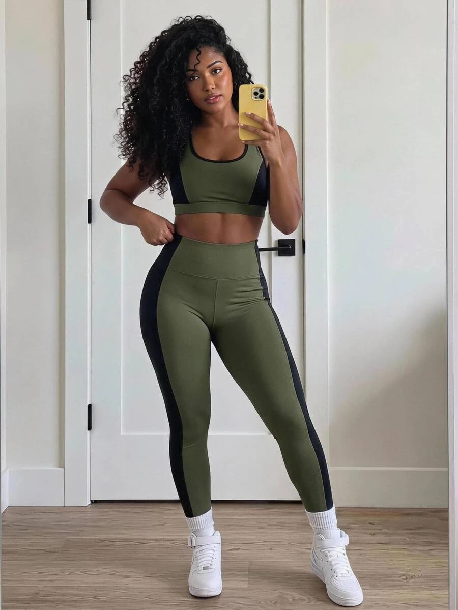 SHEIN Core Rhythm Plus Size Women's One-Piece Solid Color Sexy Sports Leggings, Plus Size Women's Sports Base Layer Pants - Green - View 1