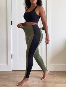 SHEIN Core Rhythm Plus Size Women's One-Piece Solid Color Sexy Sports Leggings, Plus Size Women's Sports Base Layer Pants - Green - View 6