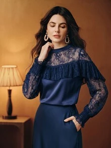 Anewsta Women's Elegant Romantic Elegant Long Sleeve Ruffle Contrast Lace Cuff Shirred Top Dinner Tea Party Navy Blue Autumn - Navy Blue - View 4