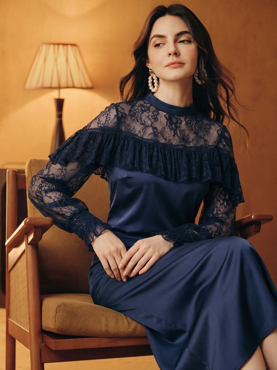 Anewsta Women's Elegant Romantic Elegant Long Sleeve Ruffle Contrast Lace Cuff Shirred Top Dinner Tea Party Navy Blue Autumn - Navy Blue - View 1