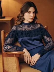 Anewsta Women's Elegant Romantic Elegant Long Sleeve Ruffle Contrast Lace Cuff Shirred Top Dinner Tea Party Navy Blue Autumn - Navy Blue - View 3
