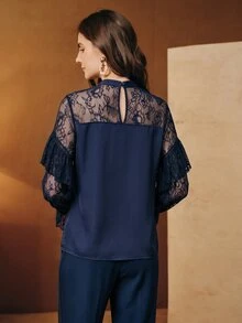 Anewsta Women's Elegant Romantic Elegant Long Sleeve Ruffle Contrast Lace Cuff Shirred Top Dinner Tea Party Navy Blue Autumn - Navy Blue - View 6