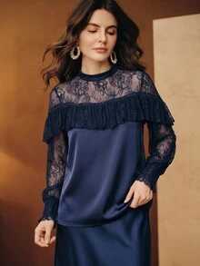 Anewsta Women's Elegant Romantic Elegant Long Sleeve Ruffle Contrast Lace Cuff Shirred Top Dinner Tea Party Navy Blue Autumn - Navy Blue - View 5