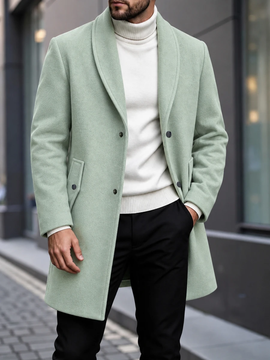 Manfinity Homme Men's Solid Color Casual Long Sleeve Overcoat With Pocket Design, Suitable For Daily Commute Wear, Also An Ideal Gift For Boyfriend And Husband - Green - View 1