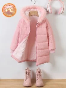SHEIN Elladie kids 女童拉鍊連帽毛絨內裡加厚外套 女童女孩外套 童裝女童冬秋季夾克開襟衫 - 粉色 - 查看 6