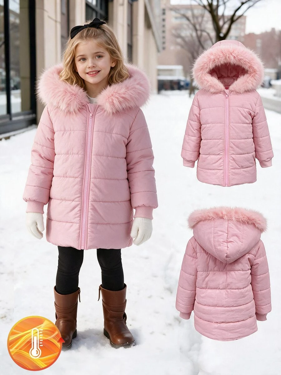 SHEIN Elladie kids 女童拉鍊連帽毛絨內裡加厚外套 女童女孩外套 童裝女童冬秋季夾克開襟衫