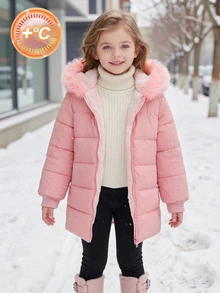SHEIN Elladie kids 女童拉鍊連帽毛絨內裡加厚外套 女童女孩外套 童裝女童冬秋季夾克開襟衫 - 粉色 - 查看 5