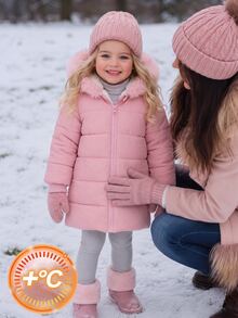 SHEIN Elladie kids 女童拉鍊連帽毛絨內裡加厚外套 女童女孩外套 童裝女童冬秋季夾克開襟衫 - 粉色 - 查看 4