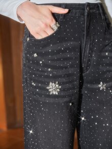 Anewsta Celana Jeans Wanita Model Lebar dengan Hiasan Rhinestone - Hitam - View 4