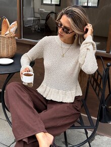 Serisse Women's Beige Round Neck Bell Sleeve Ruffle Hem Fashion Sweater,Commute Office Festival Tea Party Casual Work Women Fall Winter Sweater - Apricot - View 7