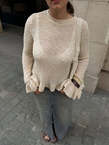 Serisse Women's Beige Round Neck Bell Sleeve Ruffle Hem Fashion Sweater,Commute Office Festival Tea Party Casual Work Women Fall Winter Sweater - Apricot - View 10