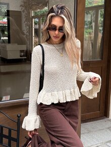 Serisse Women's Beige Round Neck Bell Sleeve Ruffle Hem Fashion Sweater,Commute Office Festival Tea Party Casual Work Women Fall Winter Sweater - Apricot - View 2