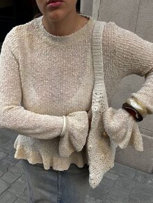 Serisse Women's Beige Round Neck Bell Sleeve Ruffle Hem Fashion Sweater,Commute Office Festival Tea Party Casual Work Women Fall Winter Sweater - Apricot - View 11