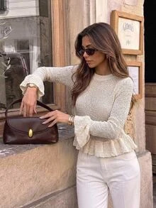 Serisse Women's Beige Round Neck Bell Sleeve Ruffle Hem Fashion Sweater,Commute Office Festival Tea Party Casual Work Women Fall Winter Sweater - Apricot - View 9