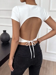 Cévolie Women's Summer White Square Neck T-Shirt With Built-In Pads, Back Hollow Tie Design, Sexy Slim Fit Solid Color Minimalist Versatile Fashion Top - White - View 5