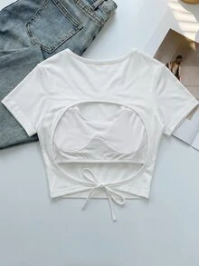 Cévolie Women's Summer White Square Neck T-Shirt With Built-In Pads, Back Hollow Tie Design, Sexy Slim Fit Solid Color Minimalist Versatile Fashion Top - White - View 7