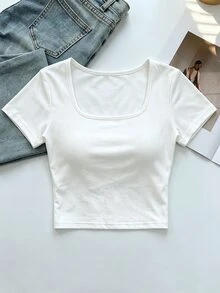Cévolie Women's Summer White Square Neck T-Shirt With Built-In Pads, Back Hollow Tie Design, Sexy Slim Fit Solid Color Minimalist Versatile Fashion Top - White - View 3