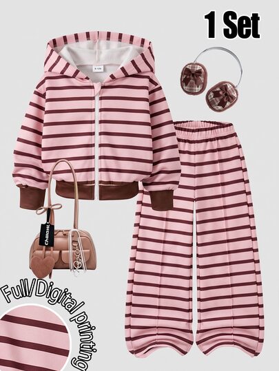 1set Baby Girls Pink & Brown Striped Print Zipper Hoodie And Wide Leg Pants, Suitable For Autumn/Winter