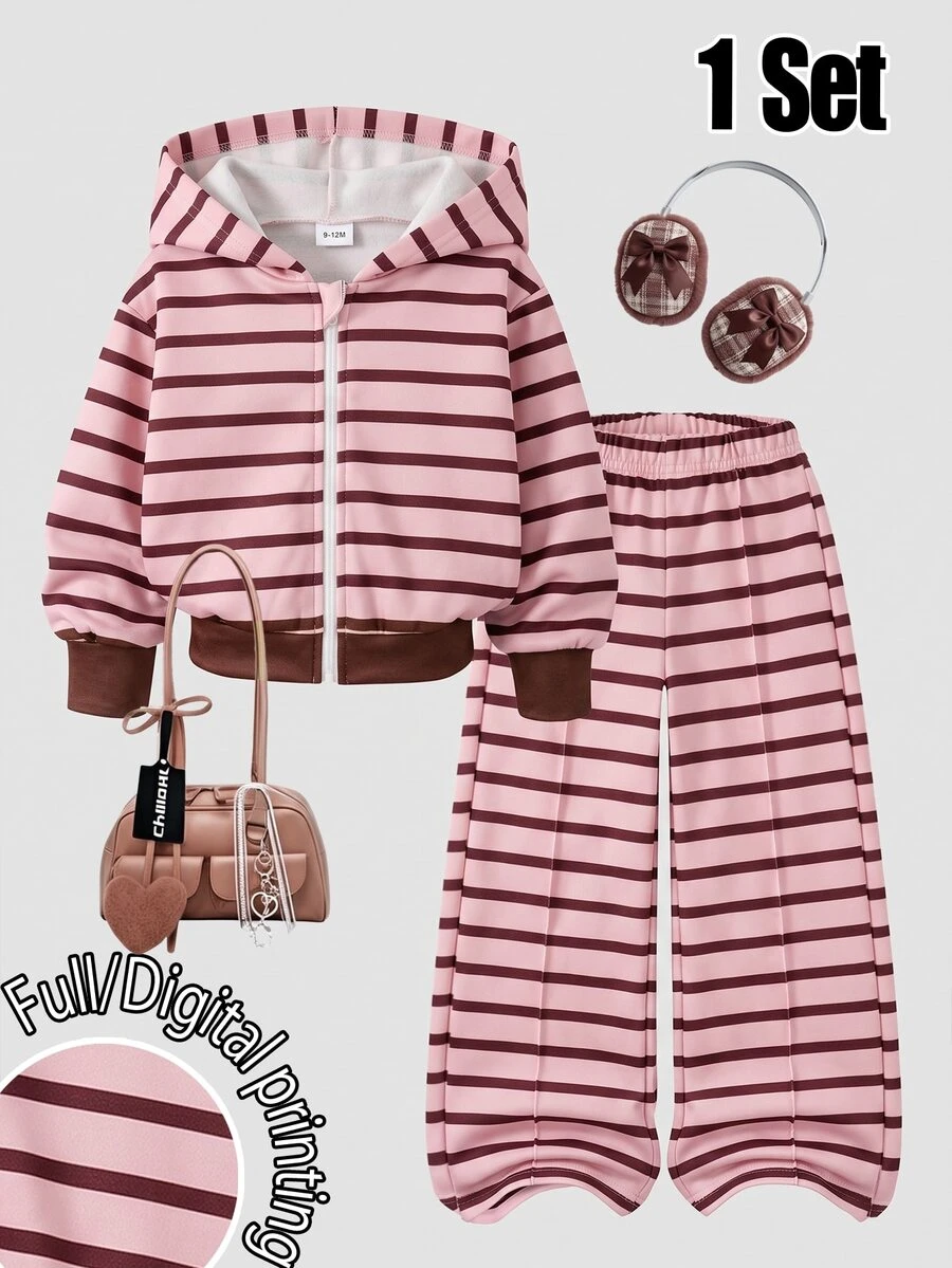 1set Baby Girls Pink & Brown Striped Print Zipper Hoodie And Wide Leg Pants, Suitable For Autumn/Winter - Multicolor - View 1