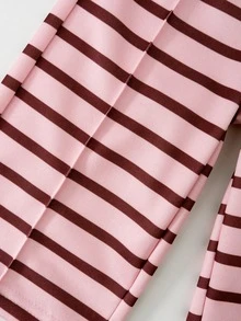 1set Baby Girls Pink & Brown Striped Print Zipper Hoodie And Wide Leg Pants, Suitable For Autumn/Winter - Multicolor - View 6