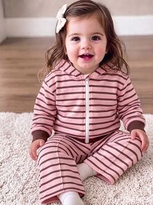1set Baby Girls Pink & Brown Striped Print Zipper Hoodie And Wide Leg Pants, Suitable For Autumn/Winter - Multicolor - View 4