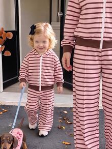 1set Baby Girls Pink & Brown Striped Print Zipper Hoodie And Wide Leg Pants, Suitable For Autumn/Winter - Multicolor - View 3
