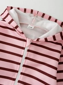 1set Baby Girls Pink & Brown Striped Print Zipper Hoodie And Wide Leg Pants, Suitable For Autumn/Winter - Multicolor - View 5