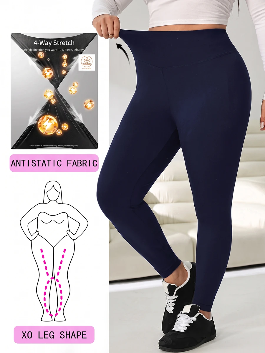 Solflare Plus Size Women Solid Color High Waist Casual Versatile Daily Wear Tight Leggings - Navy Blue - View 1
