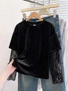 SHEIN 青少年女孩秋冬抓絨內裡保暖對比蕾絲飾邊圓領長袖寬鬆T恤休閒通勤優雅街頭風復古Y2K萬聖節日常穿搭 - 黑色 - 查看 2