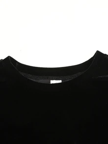 SHEIN 青少年女孩秋冬抓絨內裡保暖對比蕾絲飾邊圓領長袖寬鬆T恤休閒通勤優雅街頭風復古Y2K萬聖節日常穿搭 - 黑色 - 查看 5