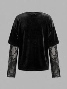 SHEIN 青少年女孩秋冬抓絨內裡保暖對比蕾絲飾邊圓領長袖寬鬆T恤休閒通勤優雅街頭風復古Y2K萬聖節日常穿搭 - 黑色 - 查看 3