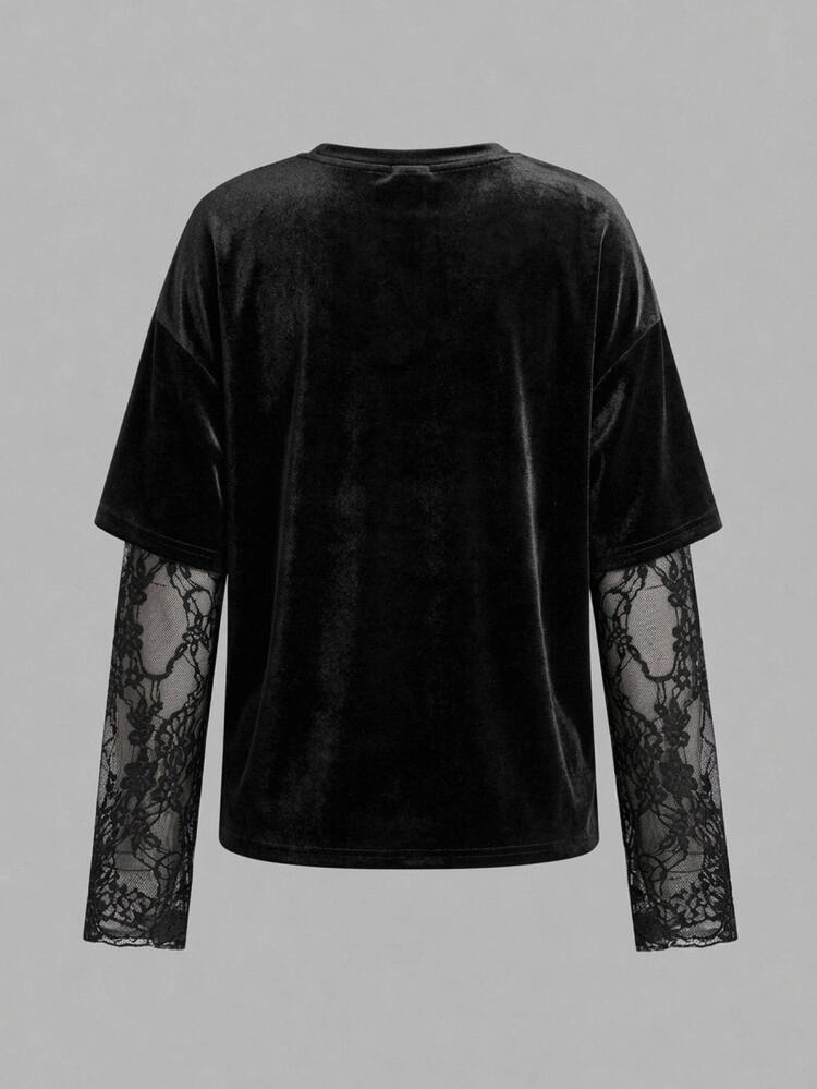 SHEIN Kaos Longgar Lengan Panjang Kerah Bulat Berlapisan Bulu Domba dengan Trim Renda Kontras untuk Remaja Perempuan Musim Gugur/Dingin, Gaya Kasual Elegan untuk Perjalanan Sehari-hari, Gaya Jalanan Retro Y2K, Halloween - Hitam - View 3