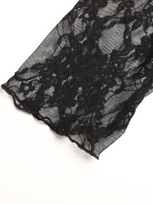 SHEIN 青少年女孩秋冬抓絨內裡保暖對比蕾絲飾邊圓領長袖寬鬆T恤休閒通勤優雅街頭風復古Y2K萬聖節日常穿搭 - 黑色 - 查看 8