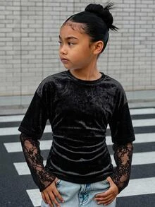 SHEIN 青少年女孩秋冬抓絨內裡保暖對比蕾絲飾邊圓領長袖寬鬆T恤休閒通勤優雅街頭風復古Y2K萬聖節日常穿搭 - 黑色 - 查看 7