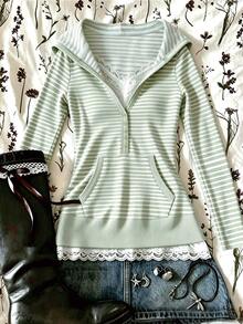 IslaSuriya Women's Casual Hooded Lace Trim Button Pocket Striped Top - Multicolor - View 1
