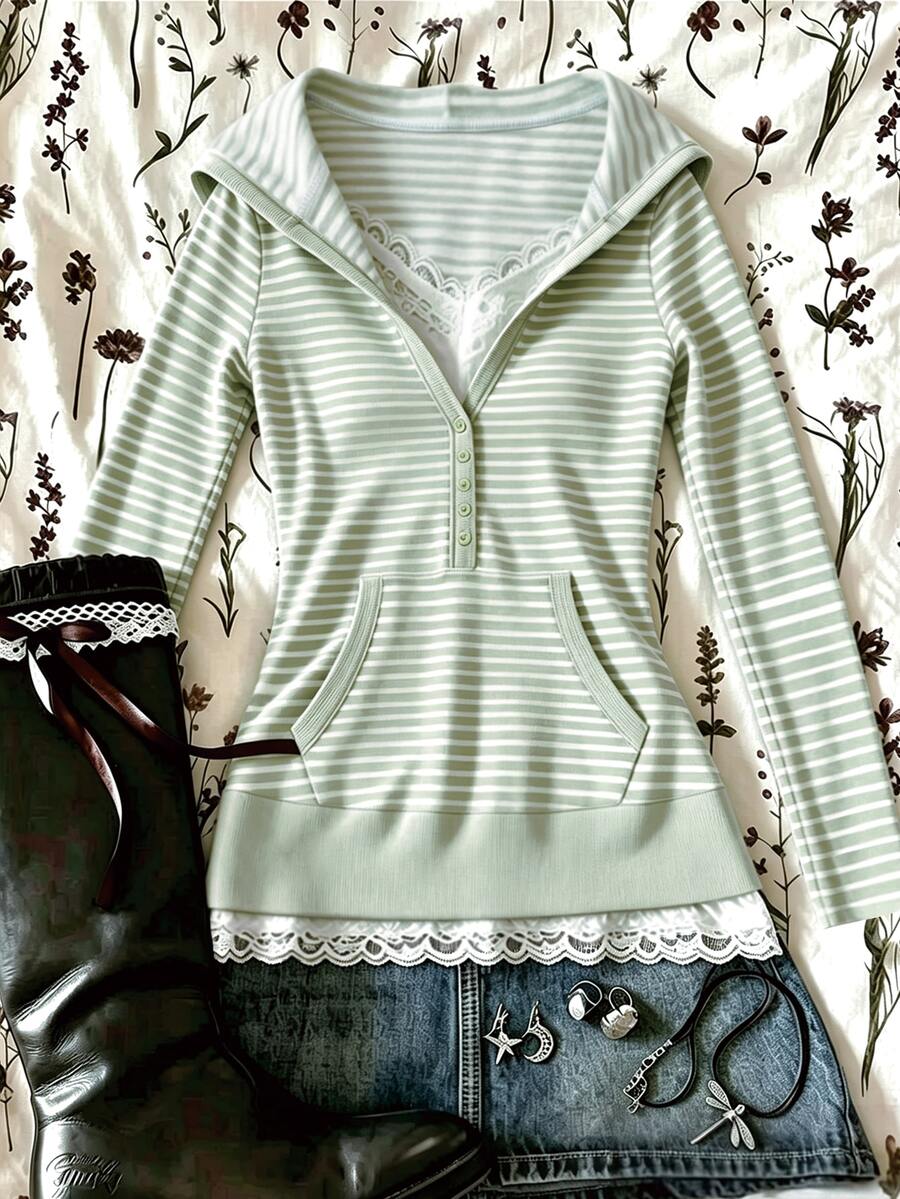 IslaSuriya Women's Casual Hooded Lace Trim Button Pocket Striped Top - Multicolor - View 1
