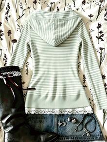 IslaSuriya Women's Casual Hooded Lace Trim Button Pocket Striped Top - Multicolor - View 2