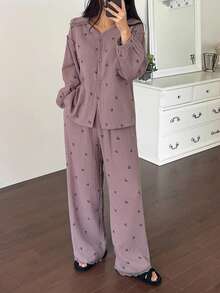 DAZY 碎花雪纺面料蕾丝边宽松女士睡衣套装，秋冬服装 - 紫色 - 查看 5