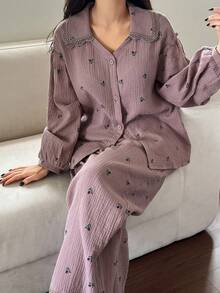 DAZY 碎花雪纺面料蕾丝边宽松女士睡衣套装，秋冬服装 - 紫色 - 查看 6