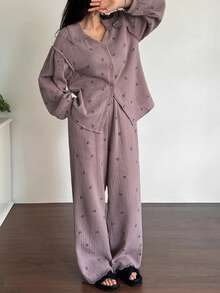 DAZY 碎花雪纺面料蕾丝边宽松女士睡衣套装，秋冬服装 - 紫色 - 查看 3