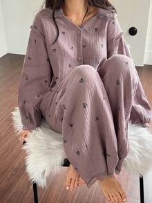 DAZY 碎花雪纺面料蕾丝边宽松女士睡衣套装，秋冬服装 - 紫色 - 查看 1